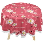 SKYSONIC Flamingo Flower Round Tablecloth 60inch Indoor Wrinkle Free, Hello Summer Circular Lace Table Cover Washable for Kitchen Party BBQ Dining Decor