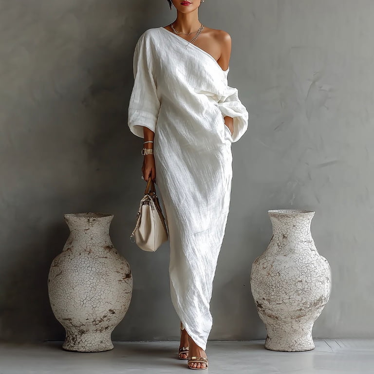 one shoulder dolman sleeve dress CHUMUD Summer Dresses for Women One Shoulder Dolman Sleeve Maxi Dress,  Casual Cocktail Wedding Guest Dress Travel Outfits