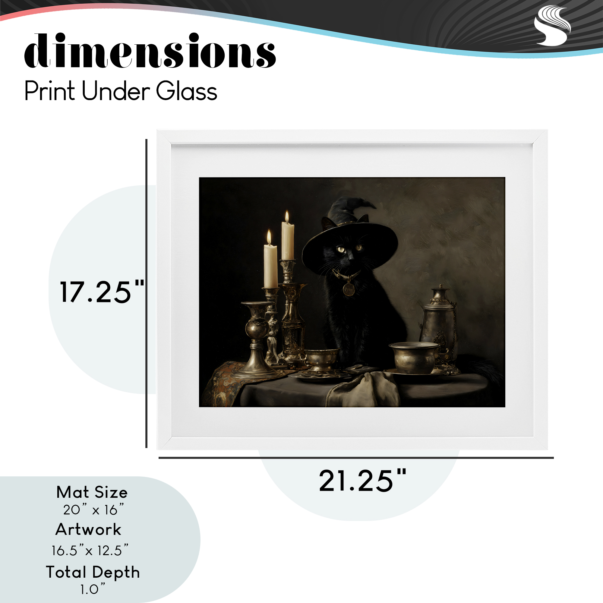 Vintage Witchy Black Cat White Framed Print Under Glass, design by Arlington Prints