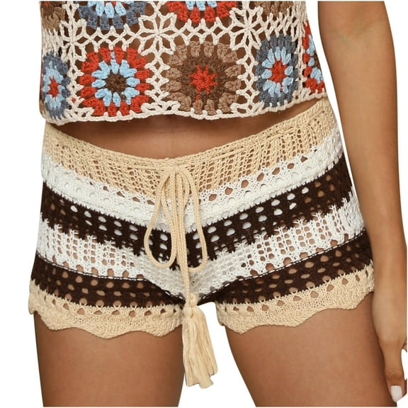 WMTBSRSW Boho Shorts for Women Casual Knitted Crochet Comfort Elastic Waist Hollow Out Drawstring Bikini Bottom Beach Cover Up Shorts Summer Swimwear