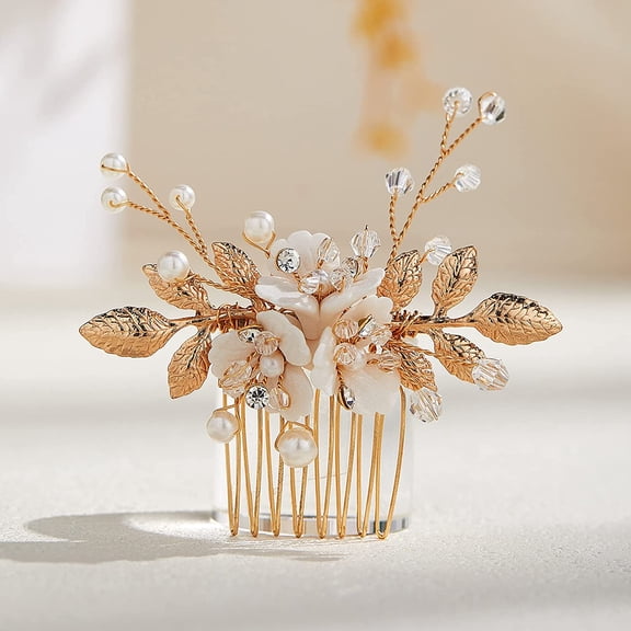 Ceramic Flower Wedding Hair Accessories for Brides Wedding Hair Combs Gold Bridal Hair Pieces for Women Girls