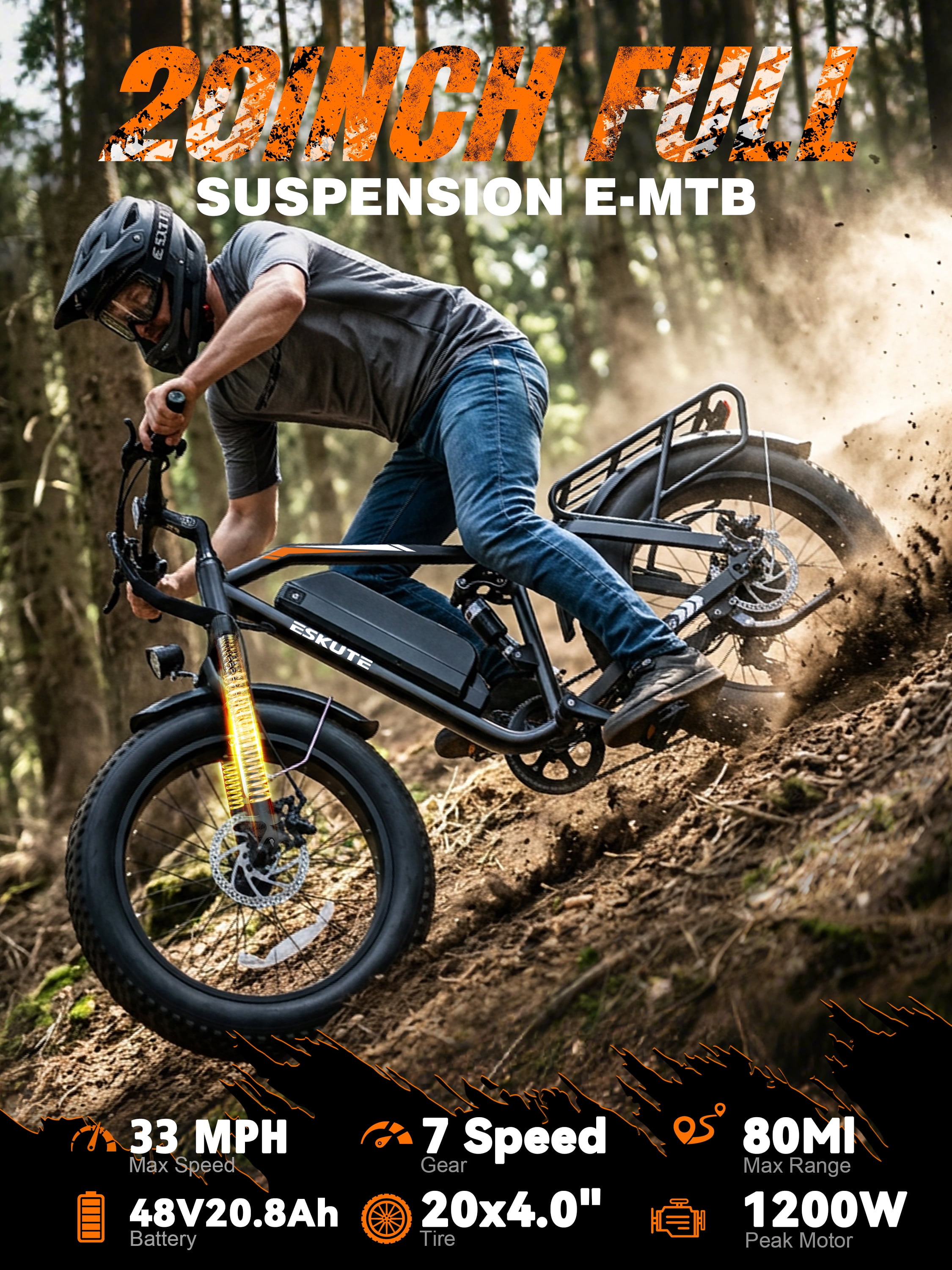 ESKUTE M300F Full Suspension Electric Bike, 20" Fat Tire Ebike, 48V 20.8Ah Removable Battery, 1200W Peak Motor, 7-Speed, Up to 80 Miles, Black with Phonebag & Lock, UL2849