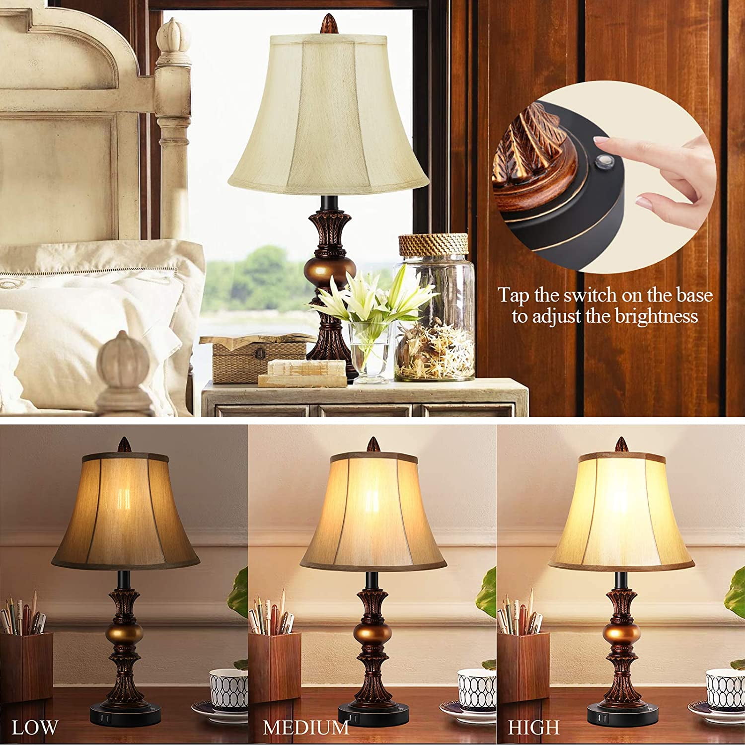 Nictiv 2 Pack Traditional Table Lamps,Touch Control 3-Way Dimmable Lamp Sets w/4 USB Charging Ports, Fabric Tapered Drum Shade Nightstand Lamp for Living Room, Bedroom, 2 Free LED Bulbs, Bronze