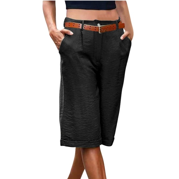 Blmnix Summer Shorts for Women Linen Shorts Pleated Bermuda Shorts Short High Belted Black Oversized Beach Shorts for Women,L