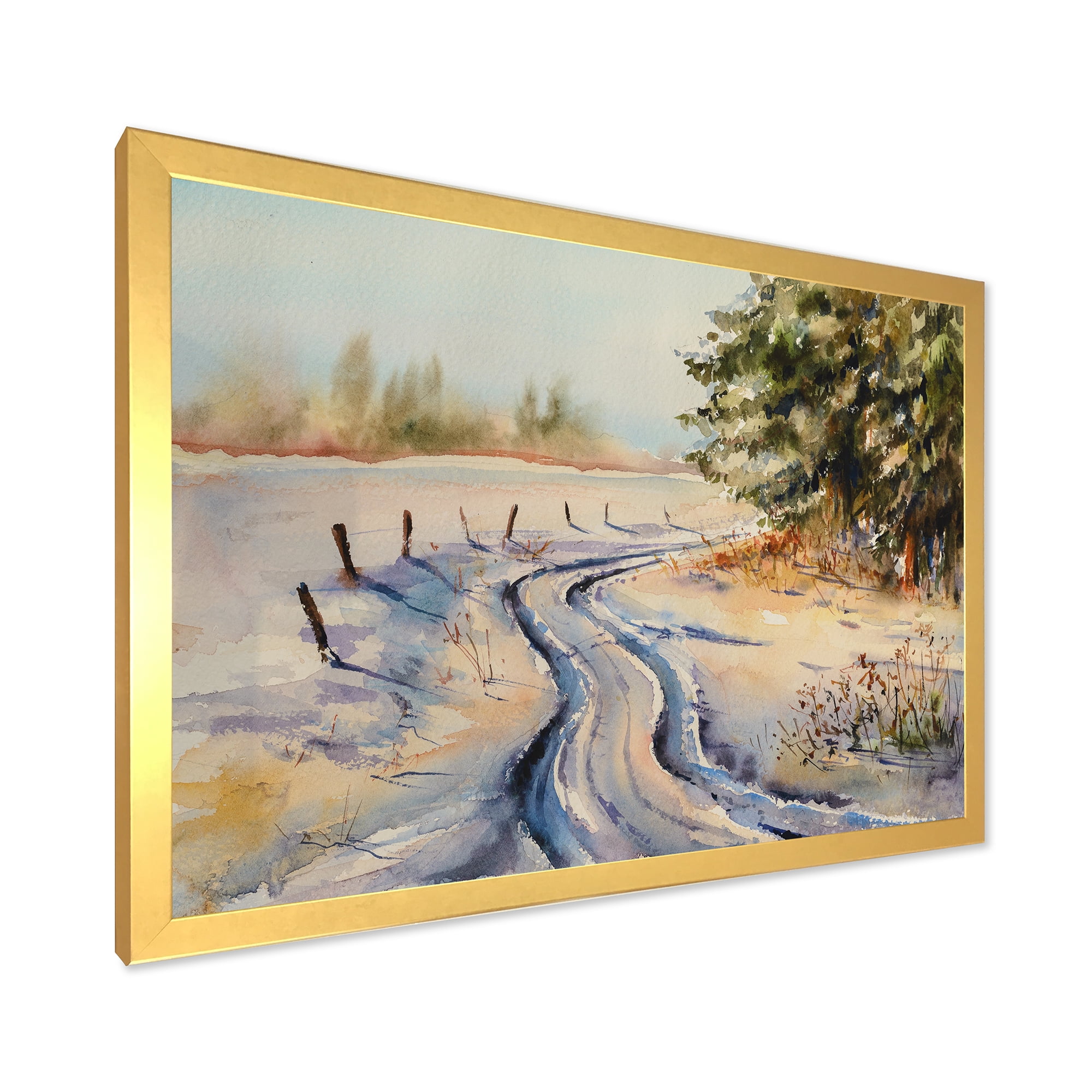 Designart 'Snowy Winter Forest Landscape Rural Road In Snow' Traditional Framed Art Print