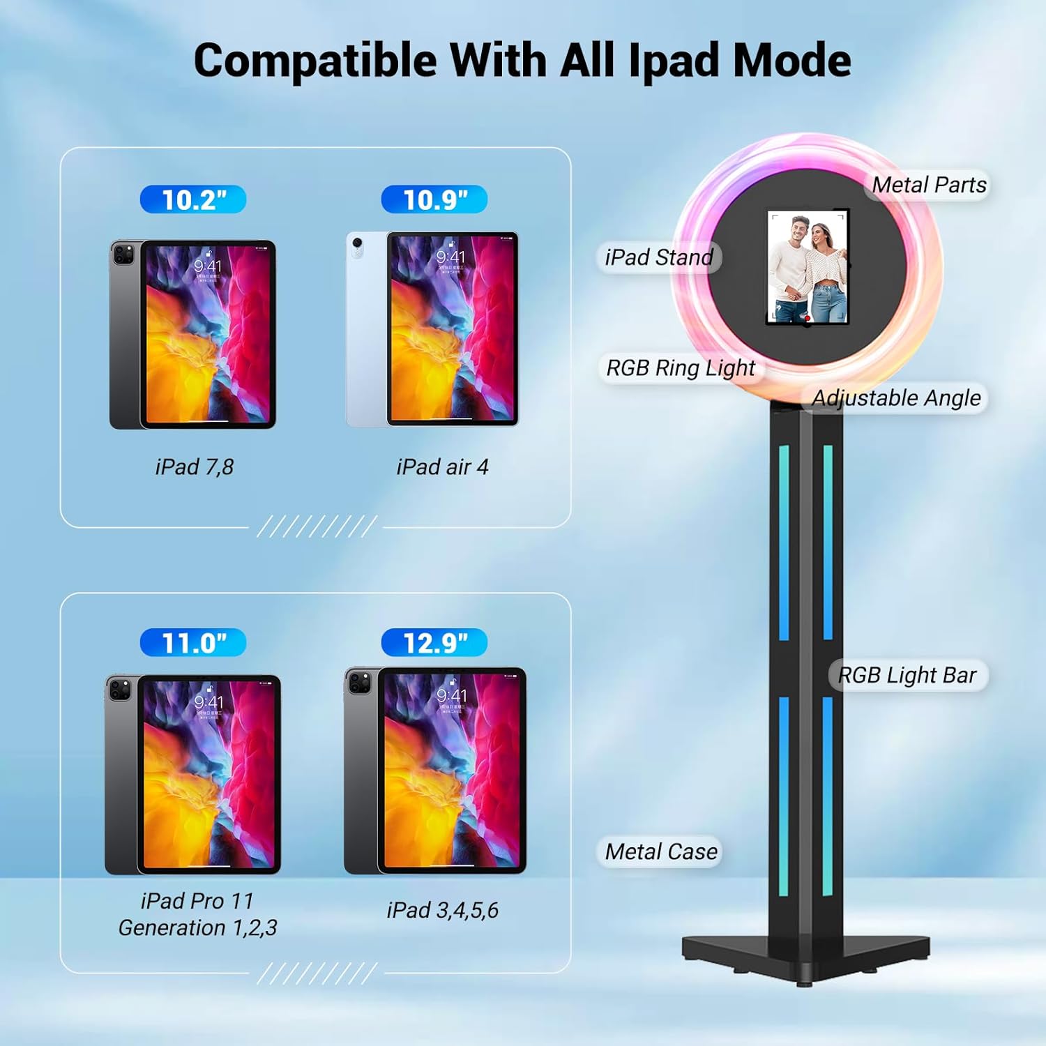MWE Photo Booth Stand for ipad 12.9'' 10.9'' 10.2'' with Ring Light Software APP and Remote Control, RGB Lights Music Sync, Flight Case,White