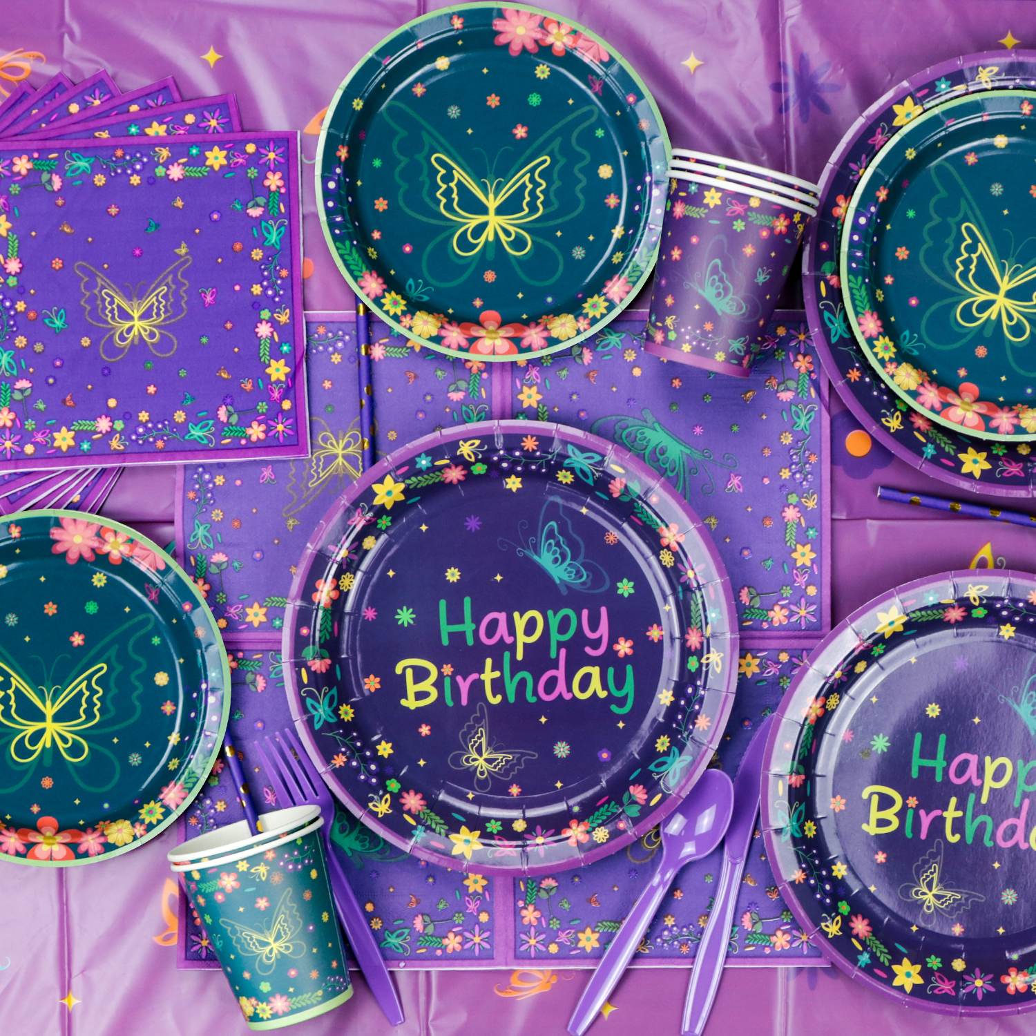 255 Pcs Movie Butterfly Birthday Decorations - Plates, Tablecloth, Balloons, Banner, Temporary Tattoos, Butterfly Stickers, Tableware, Cups, Butterfly Wing Set for Magic Party Supplies - image 4 of 8