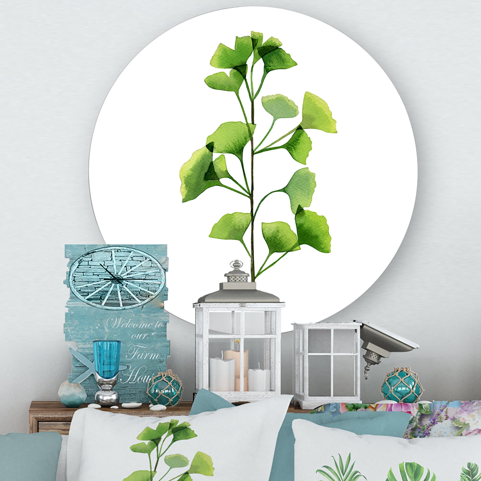 Designart 'Green Field Plant Foliage Branch' Farmhouse Circle Metal Wall Art 11x11 - Disc of 11