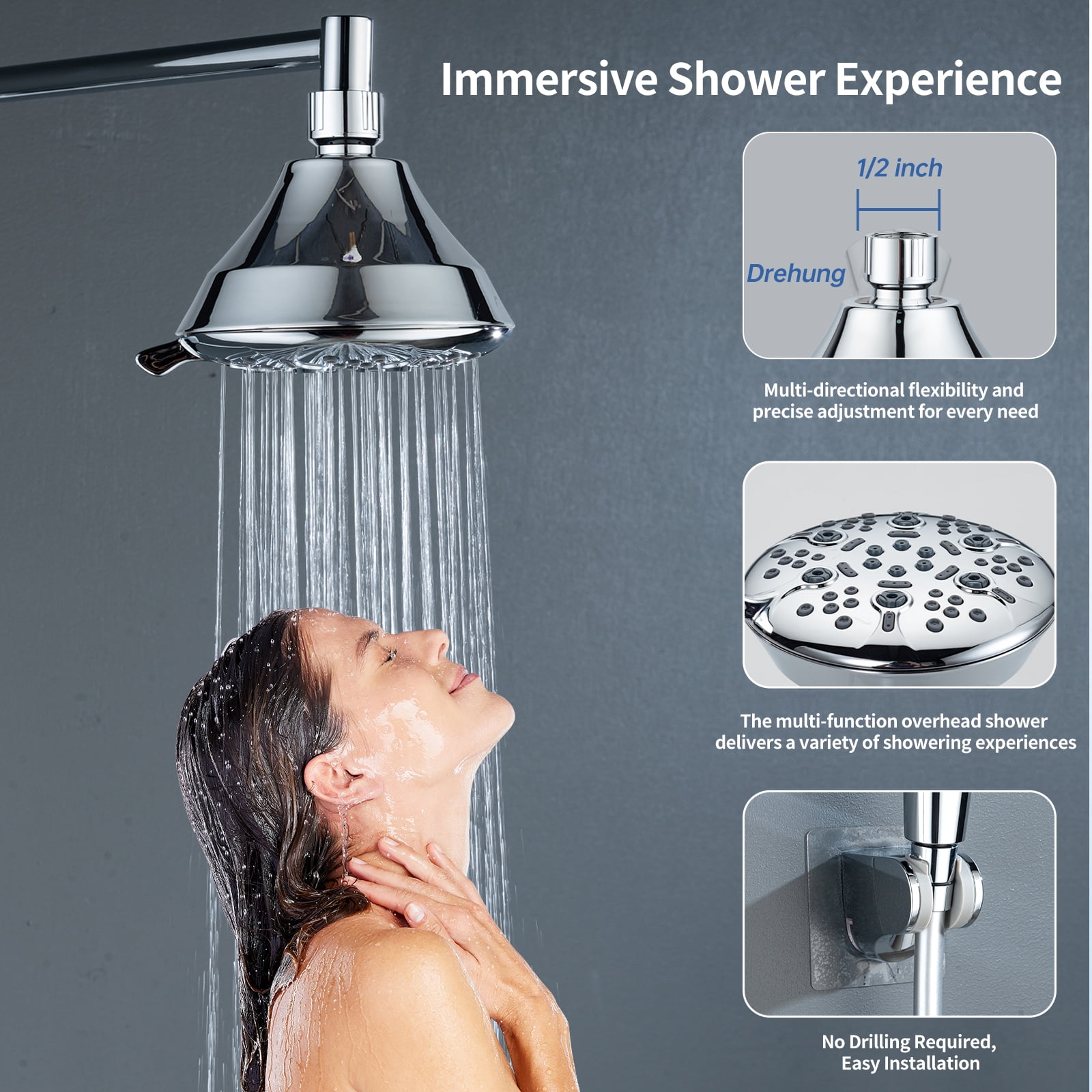 Joyrain Multi-angle adjustable showerhead& Handheld High-pressure 8 Spray Modes Shower Head, Rain Shower Combination with 90° Adjustable Extension Arm