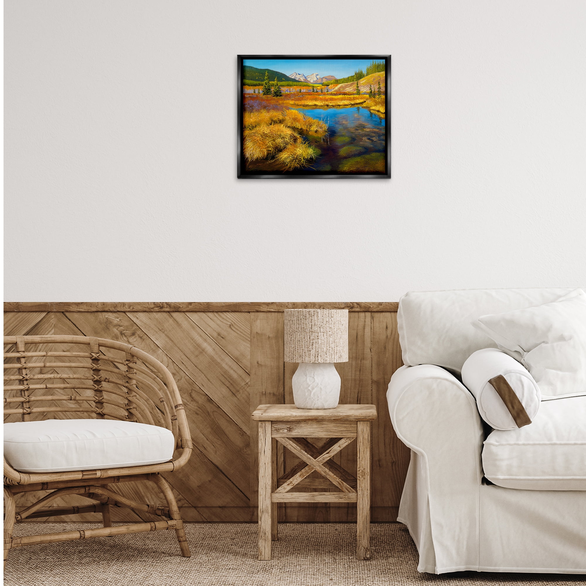 Stupell Industries Lush Pond Landscape Landscape & Nature Painting Black Floater Framed Canvas Art Print Wall Art, 21 x 17