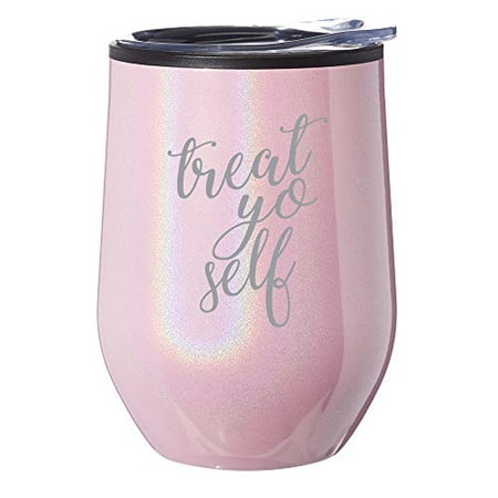 

Stemless Wine Tumbler Coffee Travel Mug Glass With Lid Treat Yo Self (Pink Iridescent Glitter)