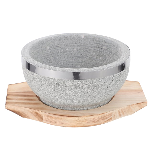 SHISUYAN Korean Stone Bowl with Wood Base Tray for Home Multi Safe Cooking and Serving 7.8 Inches