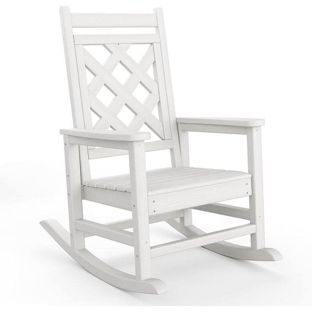 YUSAZENS Outdoor Rocking Chair - HDPE Weather Resistant Rocker with Wood Texture, 380 LBS Support for Patio, Backyard, Garden White