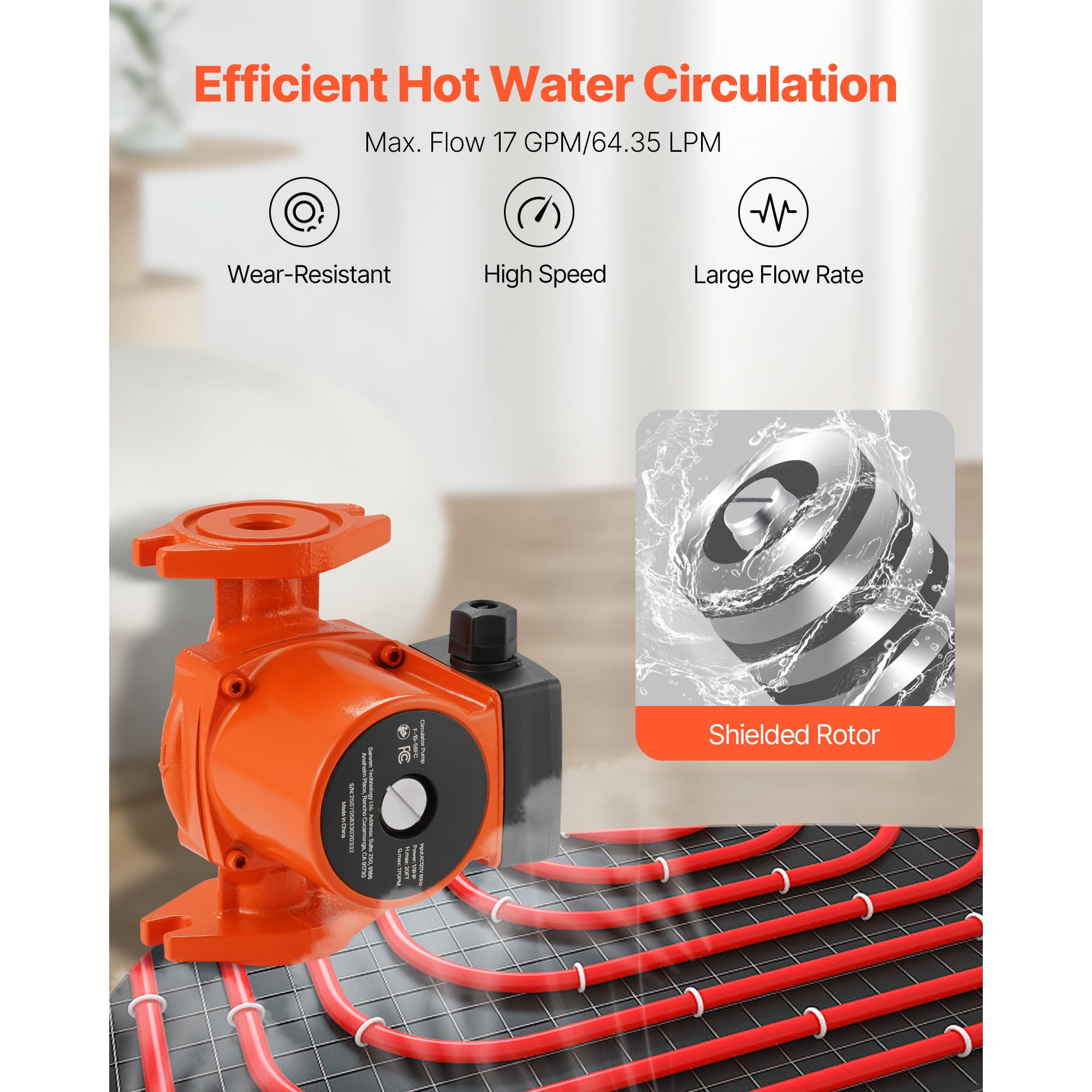 KFFKFF Cast Iron Circulator Pump, 17 GPM, AC 120V, 20 ft Hot Water Recirculation Pump, 1-Inch Flange Connection, 3-Speed Settings, Low-Noise Design, Ideal for Residential Water Heating Systems