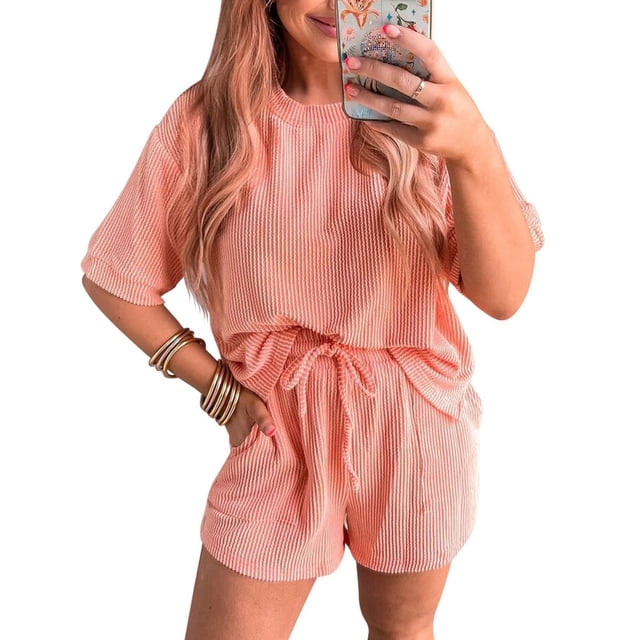 Sales Today Clearance Iumwxz Ribbed Matching Sets with Pockets Plus Size Summer Outfits Solid Round Neck Short Sleeve Drawstring Shorts 2 Piece Sets for Women Valentines Day