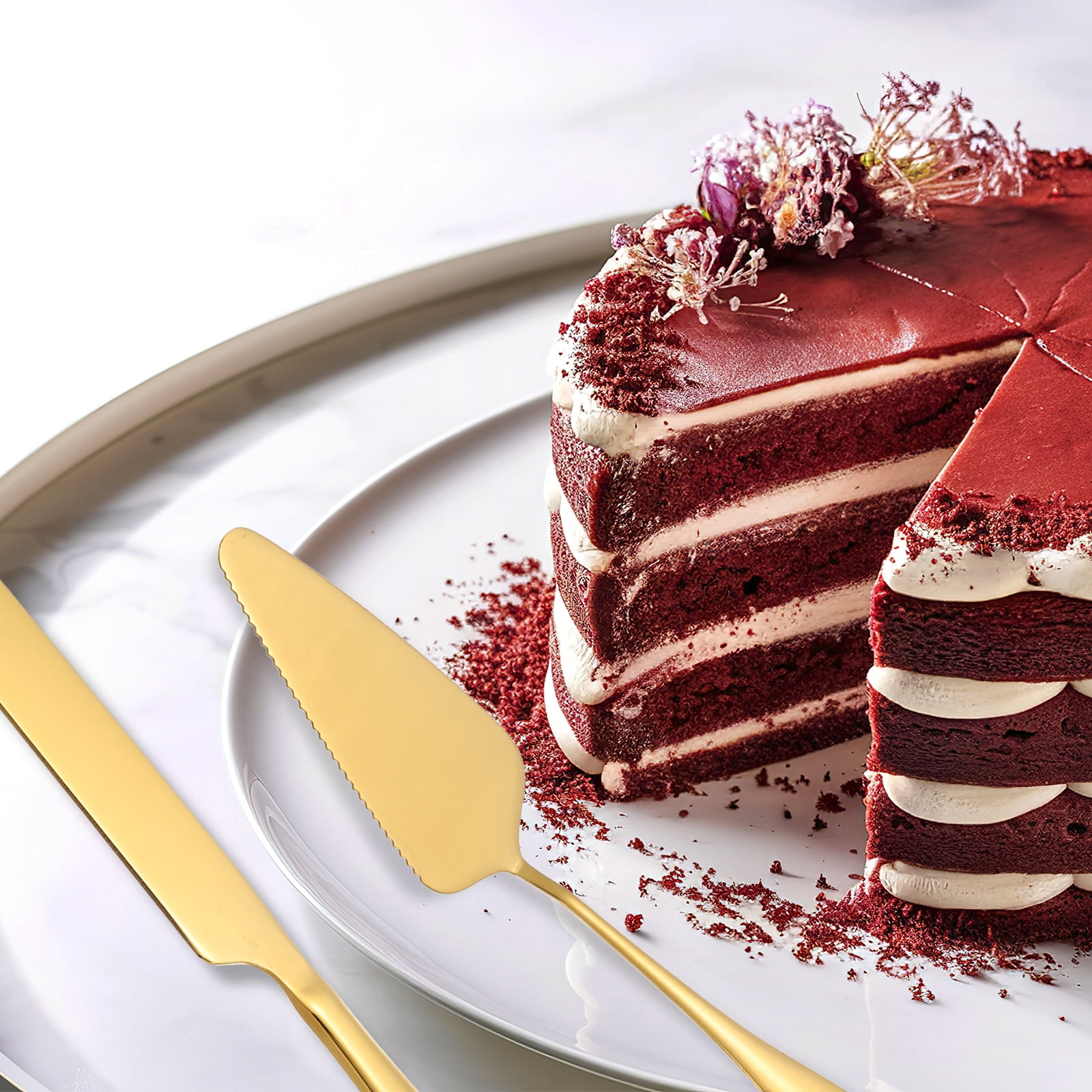 Unique Bargains Elegant Cake Knife and Server Set for Birthday Party Gift Gold