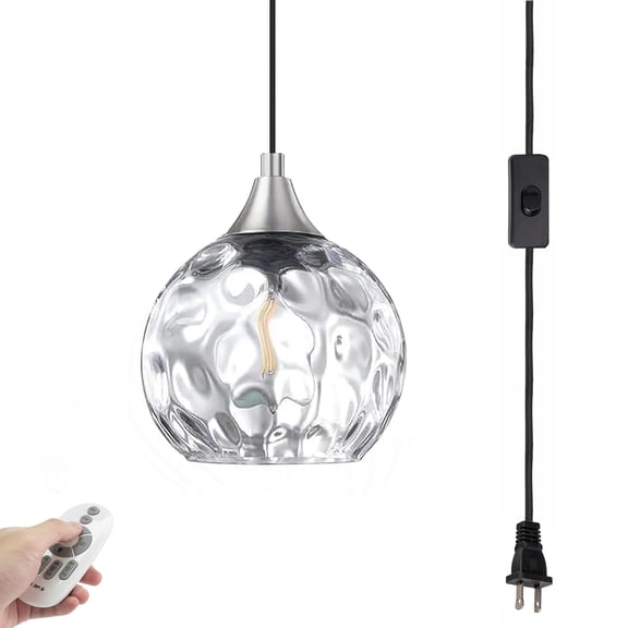 Kiven Plug in Pendant Light, Farmhouse Hanging Light Fixture with Remote and Clear Glass Globe, E26 Socket Dimmable Pendant Light for Bedroom Hallway Kitchen