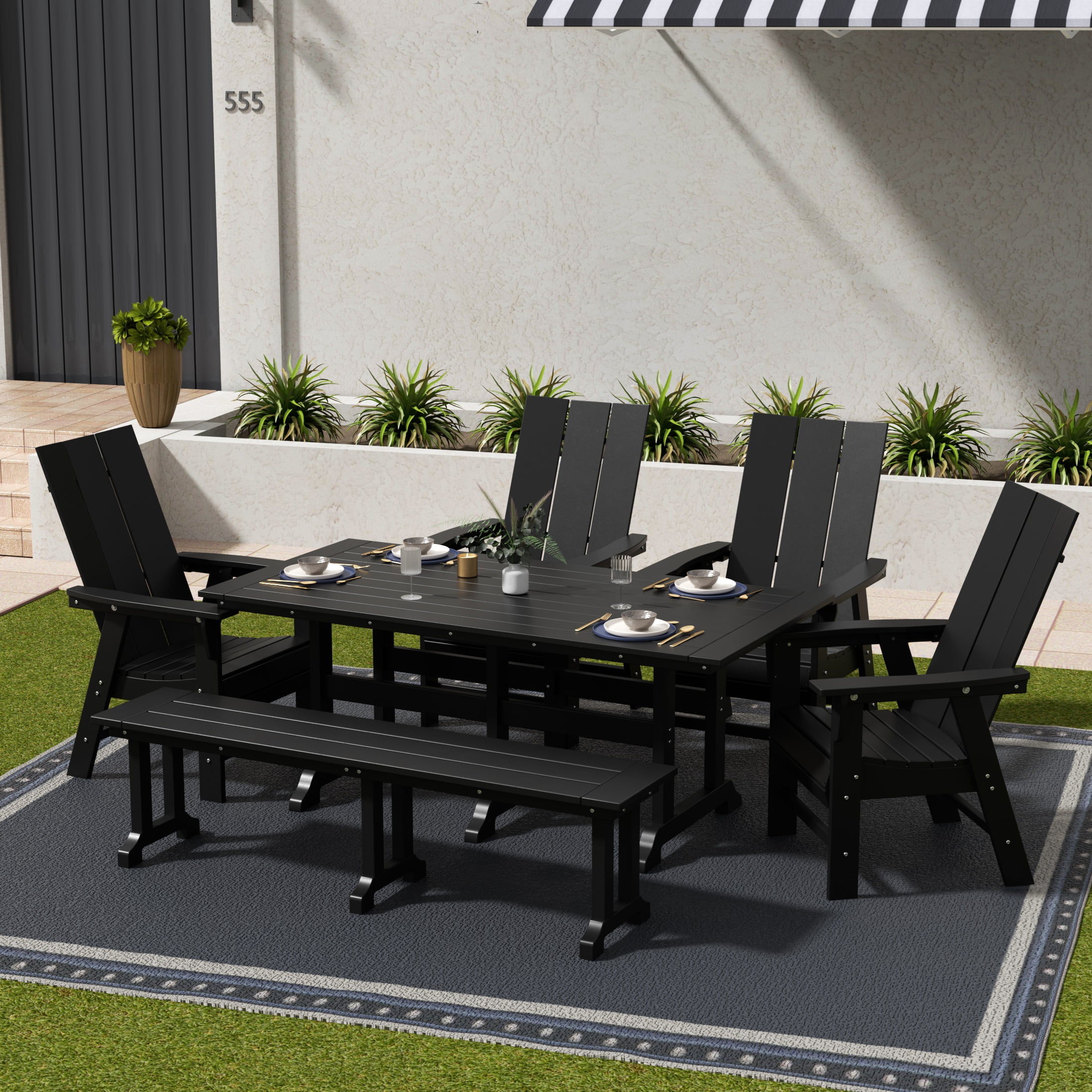 WestinTrends Ashore 6 Pieces Adirondack Patio Dining Set with Bench, All Weather Poly Lumber Slatted Outdoor Furniture Set, 71" Trestle Table and 4 Adirondack Chair and Outdoor Bench, Black