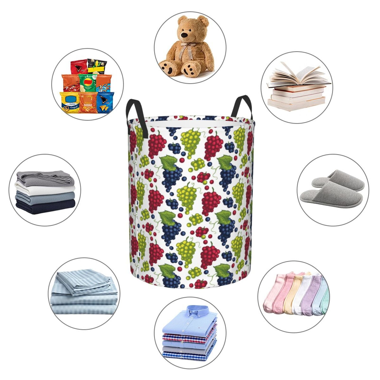 Large Laundry Basket with Handles - Cute Grape Blue Red Green Leaves Kids Baby Dirty Clothes Laundry Hamper for Bedroom Aesthetic