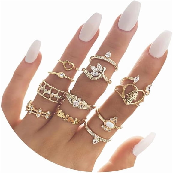 12Pcs Gold Heart Flower Knuckle Rings Set for Women,Boho Heart Love Crown Stackable Finger Chunky Rings.Adjustable Open Rings Band Jewelry