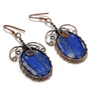 Lapis Lazuli Gemstone Copper Wire Wrap Drop Dangle Earrings Jewelry 2.20" SA 25