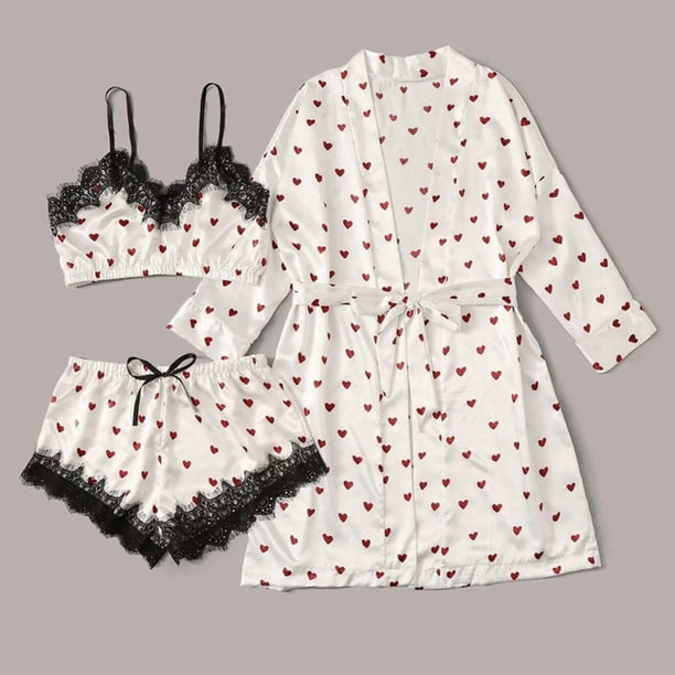 Batas Lencería Mujer Lindo Estampado de Corazón Satén Bata con Cinturón Camisola Pantalones Cortos Pijamas Mujer Pijamas