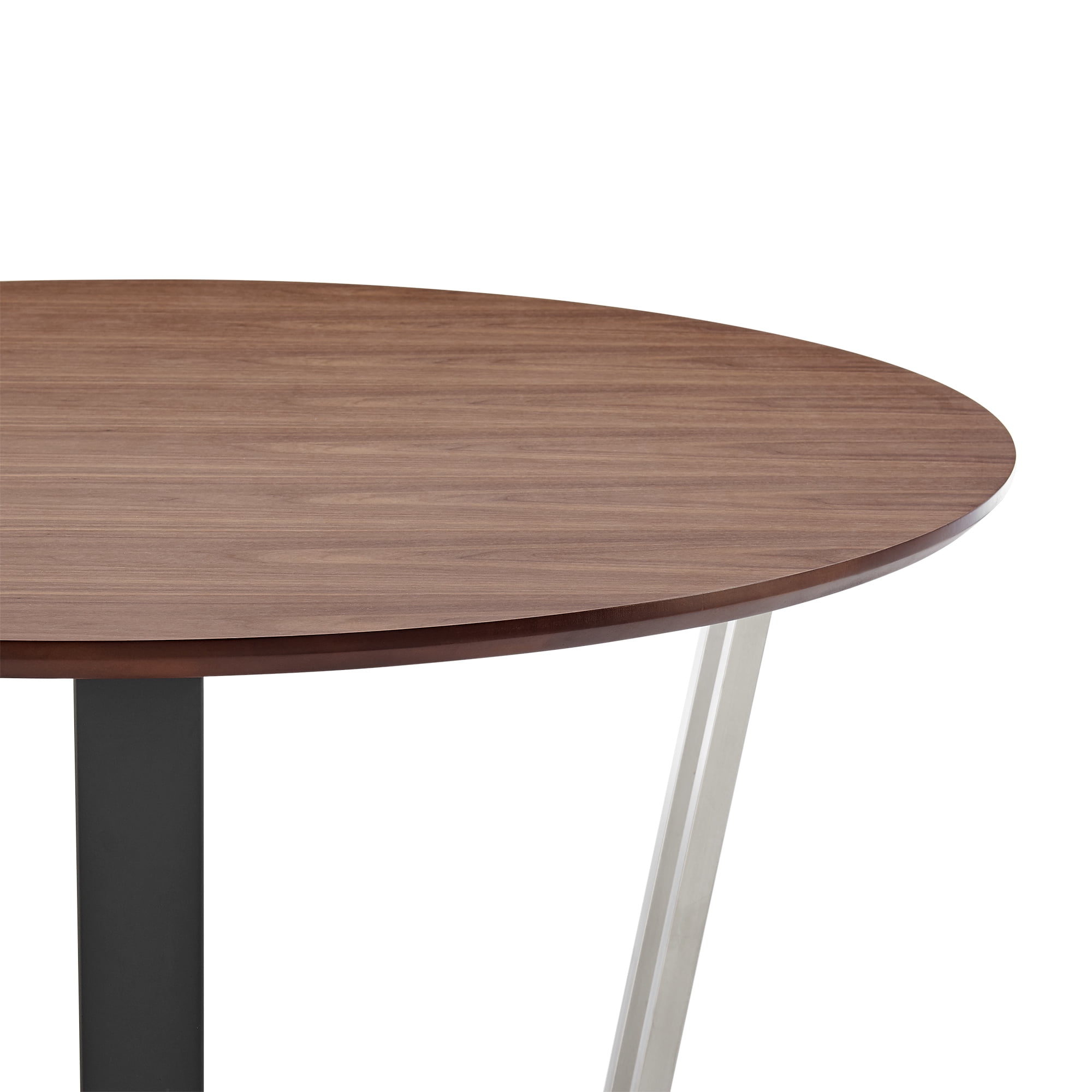 Joana 48" Round Dining Table in Brushed Stainless Steel and Black Iron Base with Walnut Tabletop