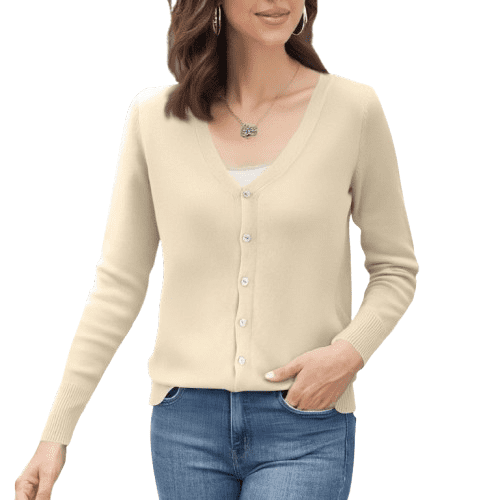 YDDIAN Womens Sweaters Cardigan Cute Button Plain Knit Cardigan Long Sleeve V Neck Summer Basic Casual Sweaters Beige XL