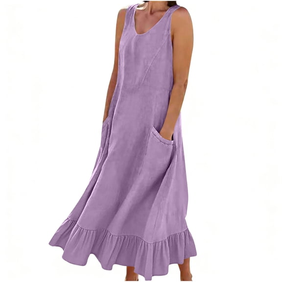 jtjvou Womens Cotton Linen Dresses Sleeveless Crew Neck Maxi Dress Summer Tank Dress with Pockets Loose Fit Dresses Purple M