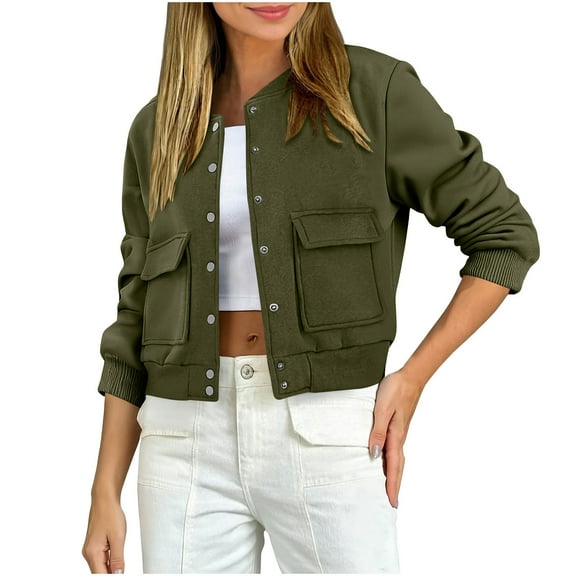 jtjvou Womens Cropped Jackets Casual Button Down Long Sleeve Stand Collar Shacket Coats Green XXL