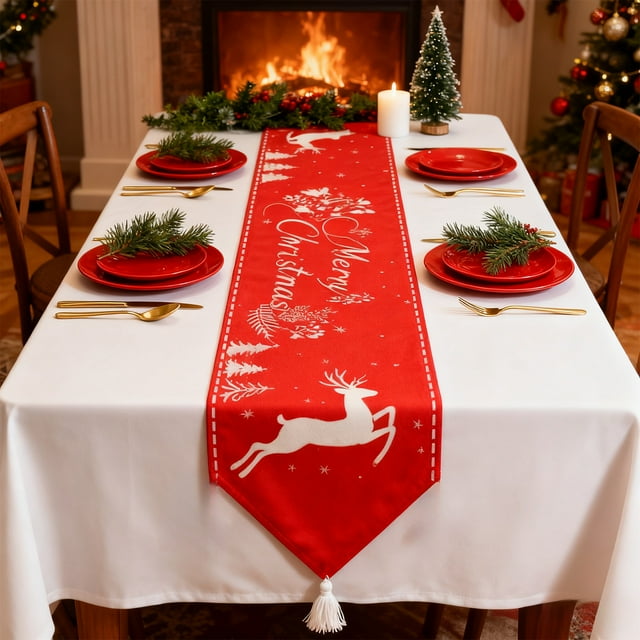 Home Christmas Holiday Decoration Table Runner Seasonals Winter Red Kitchen Table Decoration Suitable for Restaurant Party Decoration Dirtproof Table Runner Home Essentials