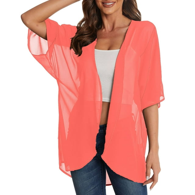 Duoif Paréo pour Femmes Couleur Unie Mode Décontractée en Chiffon Manches Courtes Bikini Orange TTTG