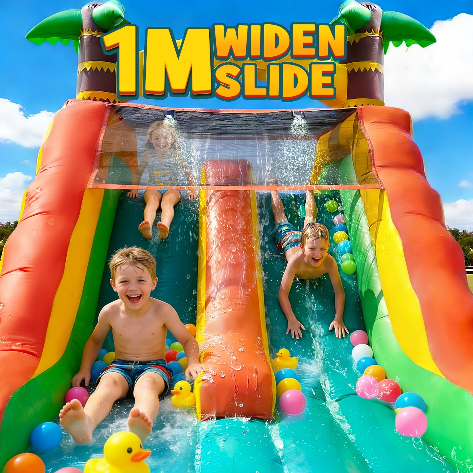 STICCIO 23ft Inflatable Water Slide with Blower, Double Lane Climbing Wall Water Cannon Deep Splash Pool, for Kids & Adults, Palm Tree Green