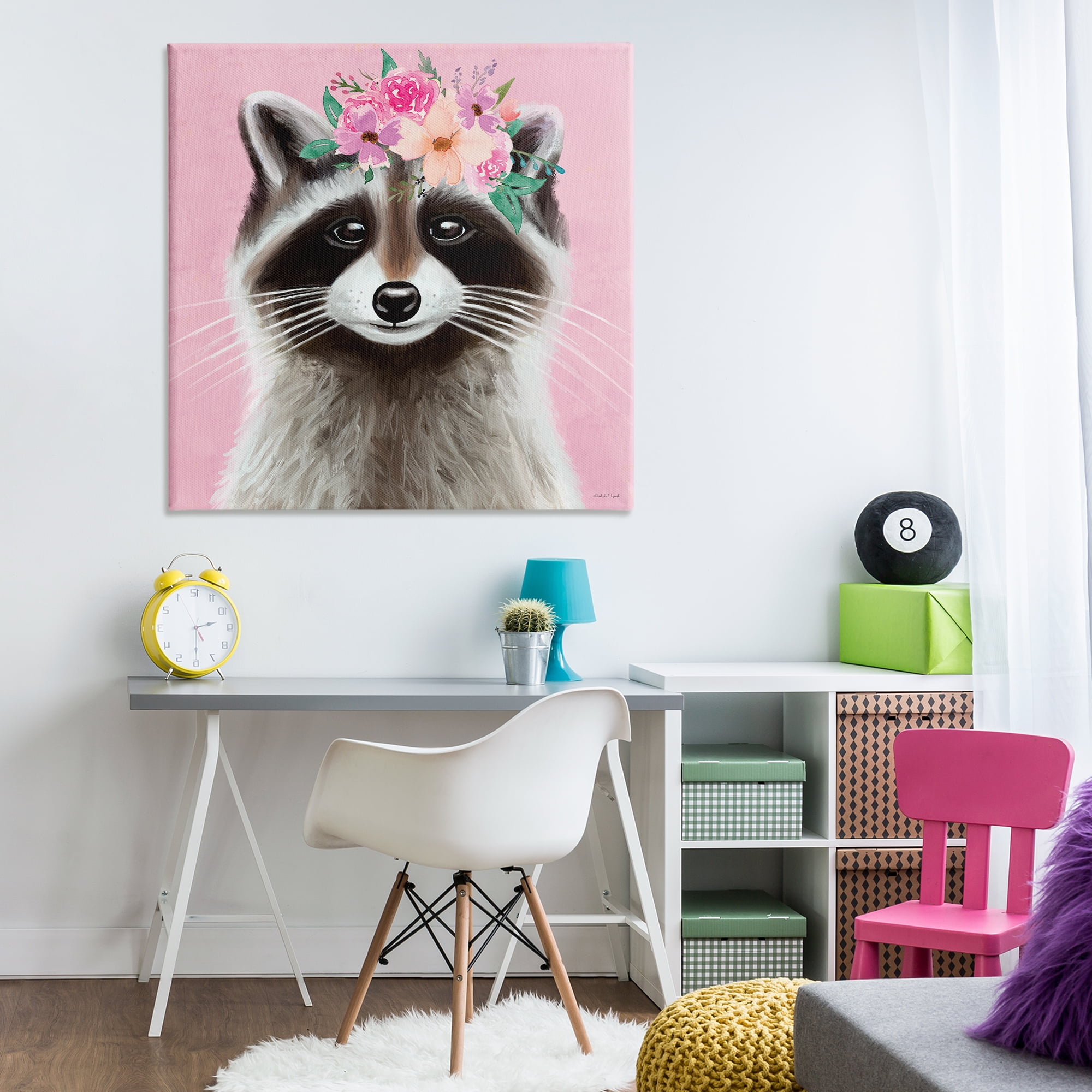 Stupell Industries Pink Florals Raccoon Animals & Insects Painting Gallery Wrapped Canvas Art Print Wall Art, 36 x 36