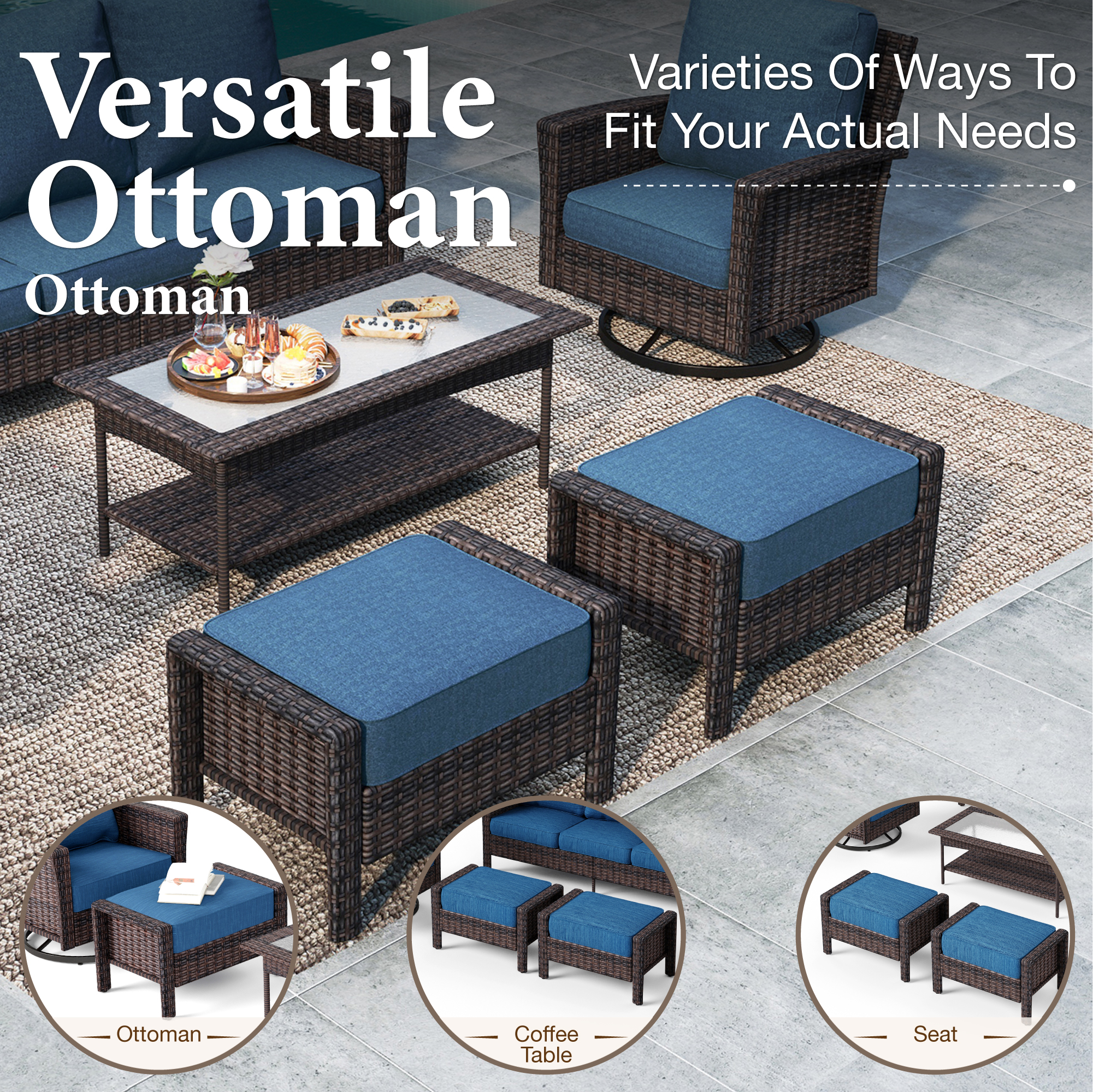 SUMMIT LIVING 7-Seat Patio Furniture Set with 56" Gas Fire Pit Table (50,000 BTU), Wicker Sectional Outdoor Conversation Set with Swivels Chairs, Navy blue