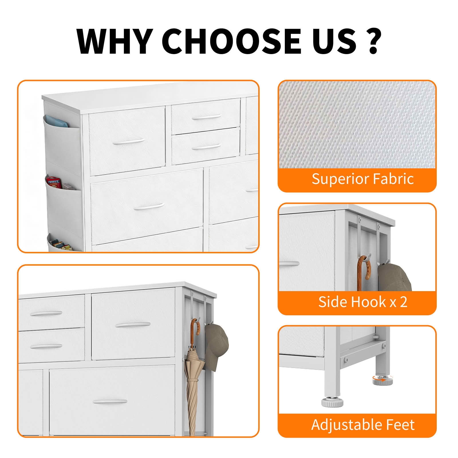 MAYEERTY 10-Drawer Storage Dresser, Cabinet with Side Pocket Hooks Wood Top for Bedroom Closet