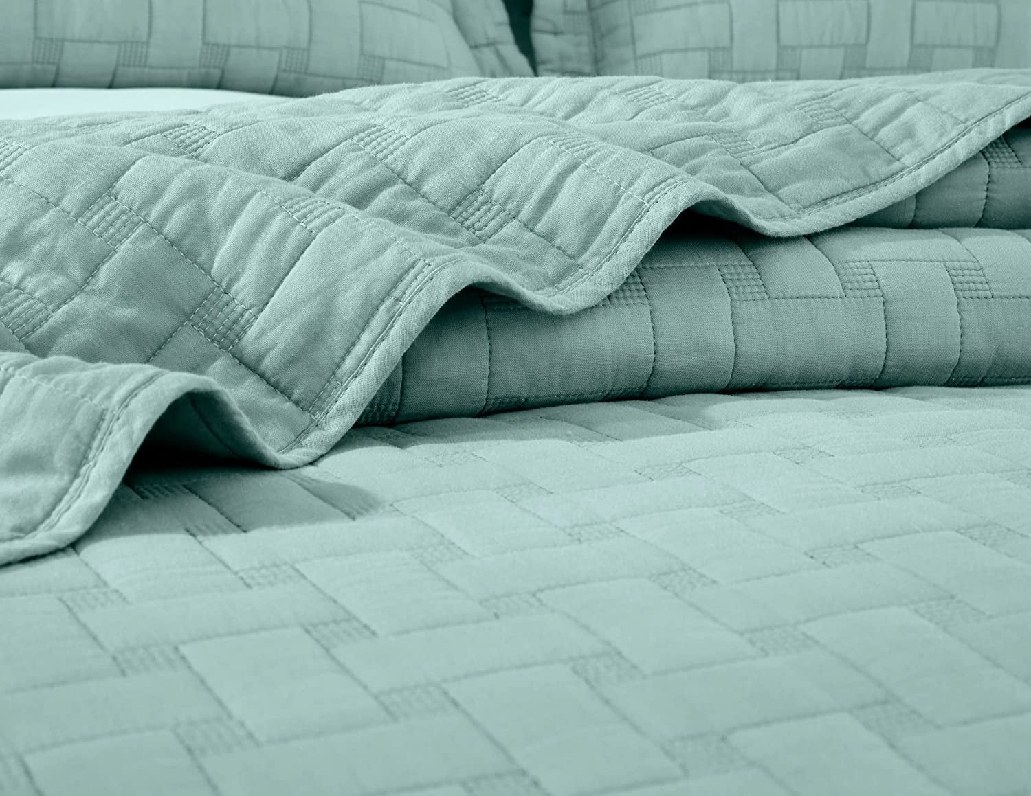 Chezmoi Collection Vert 3-Piece 100% Cotton Quilt Set Queen Size, Aqua, Modern Basketweave Stitched Quilt Lightweight Washed Cotton Bedspread for All Season