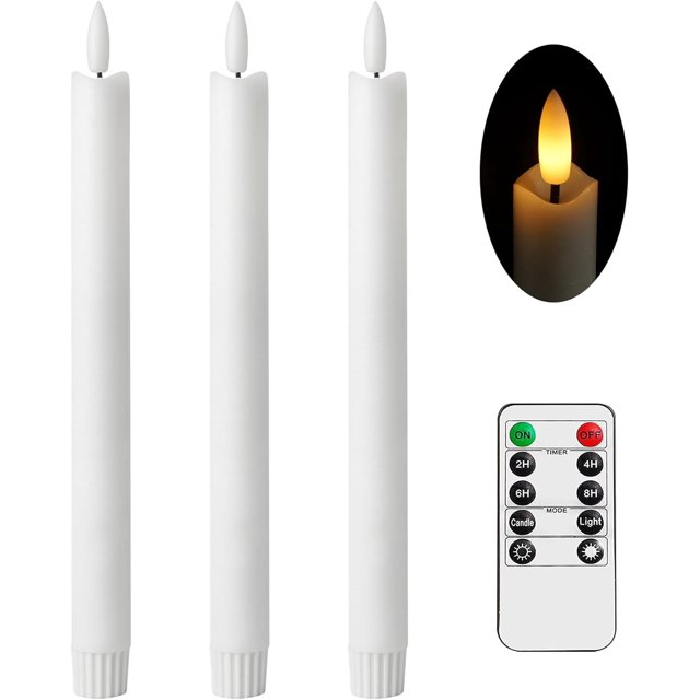 Stmarry Flickering Flameless Taper Candles with Remote - 9.65 Inch LED Candlesticks, Realistic 3D Flame with Wick, White Real Wax, Spring Home Decor, Automatic Timer - Set of 3