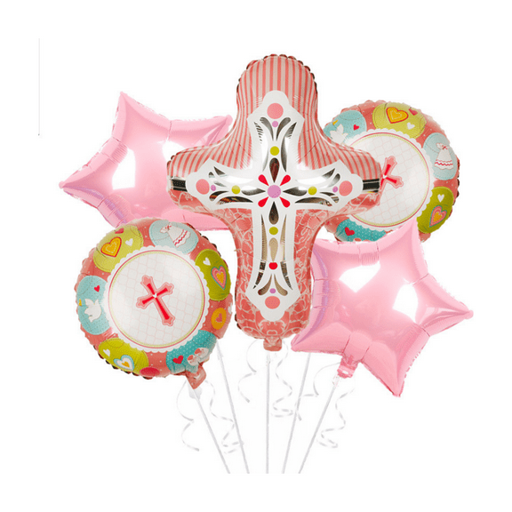 Religious Cross Pink Party Balloon Set with Mylar Stars and Round Balloons for Christenings and Baptisms