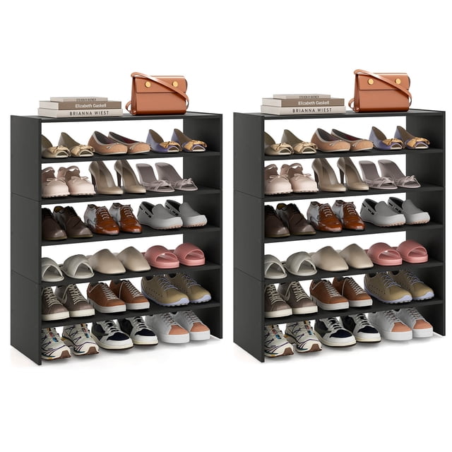 Costway 6 PCS Stackable Shoe Rack 31-Inch Horizontal Organizer 2-tier StorageShelf Black