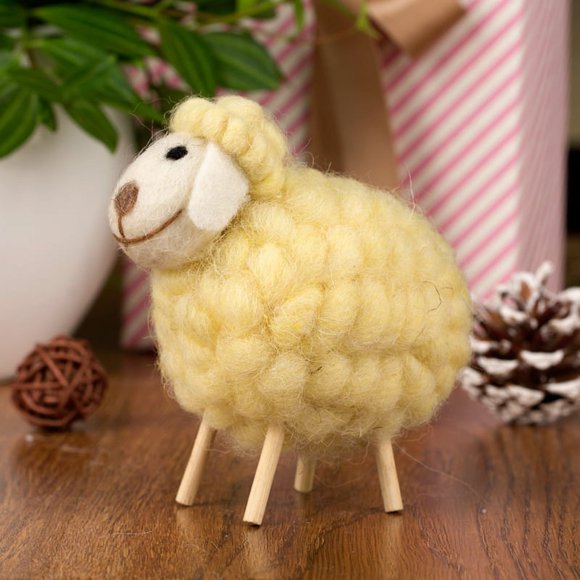 Felted Wool Sheep Decorative Figurines,The Sheep Statuette,Irish Plush Sheep Felt, Standing Felted Sheep Ornaments Birthday Gift，Yellow Lamb