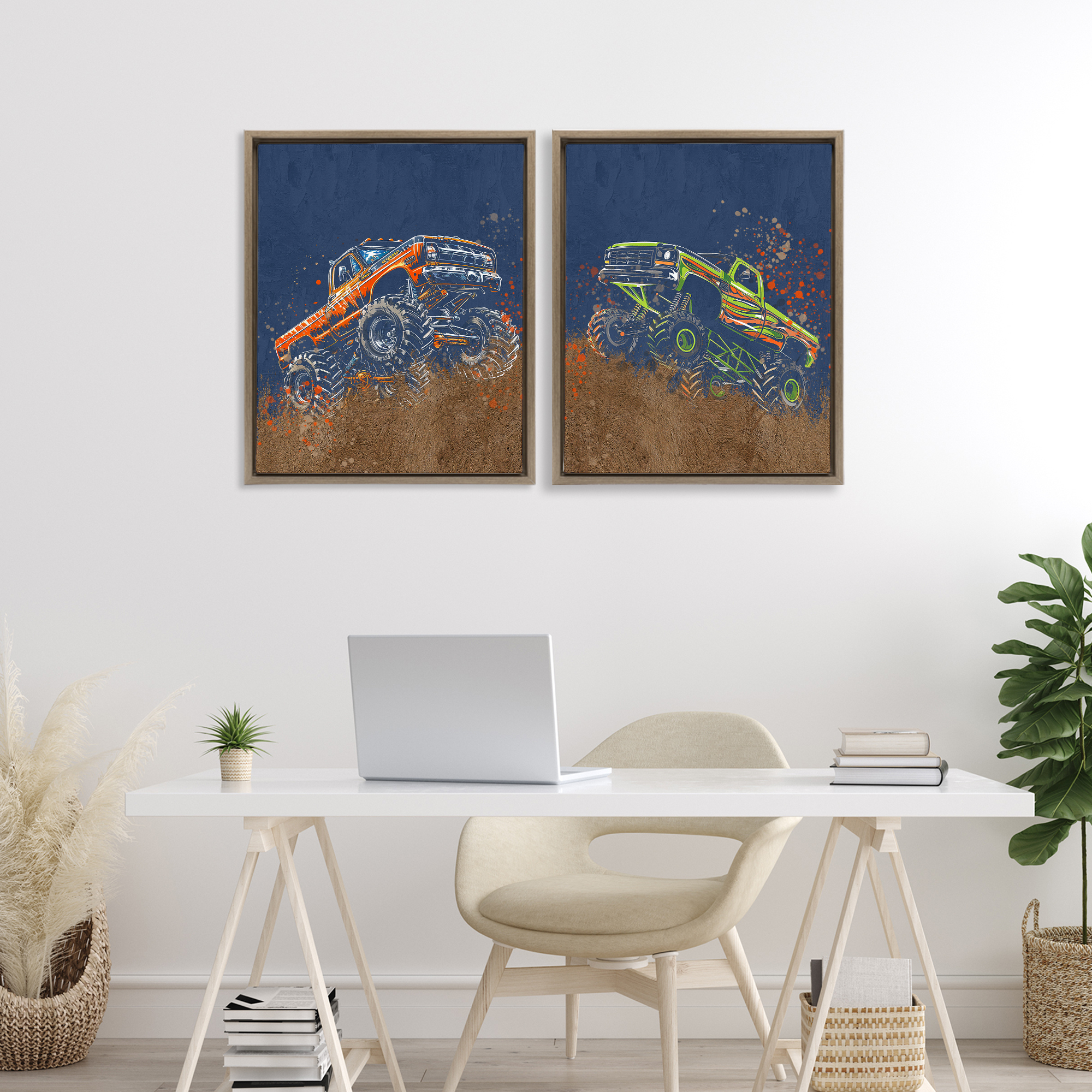 Monster Truck Jam 2 Piece Brown Framed Floater Canvas Set, design by Kim Allen