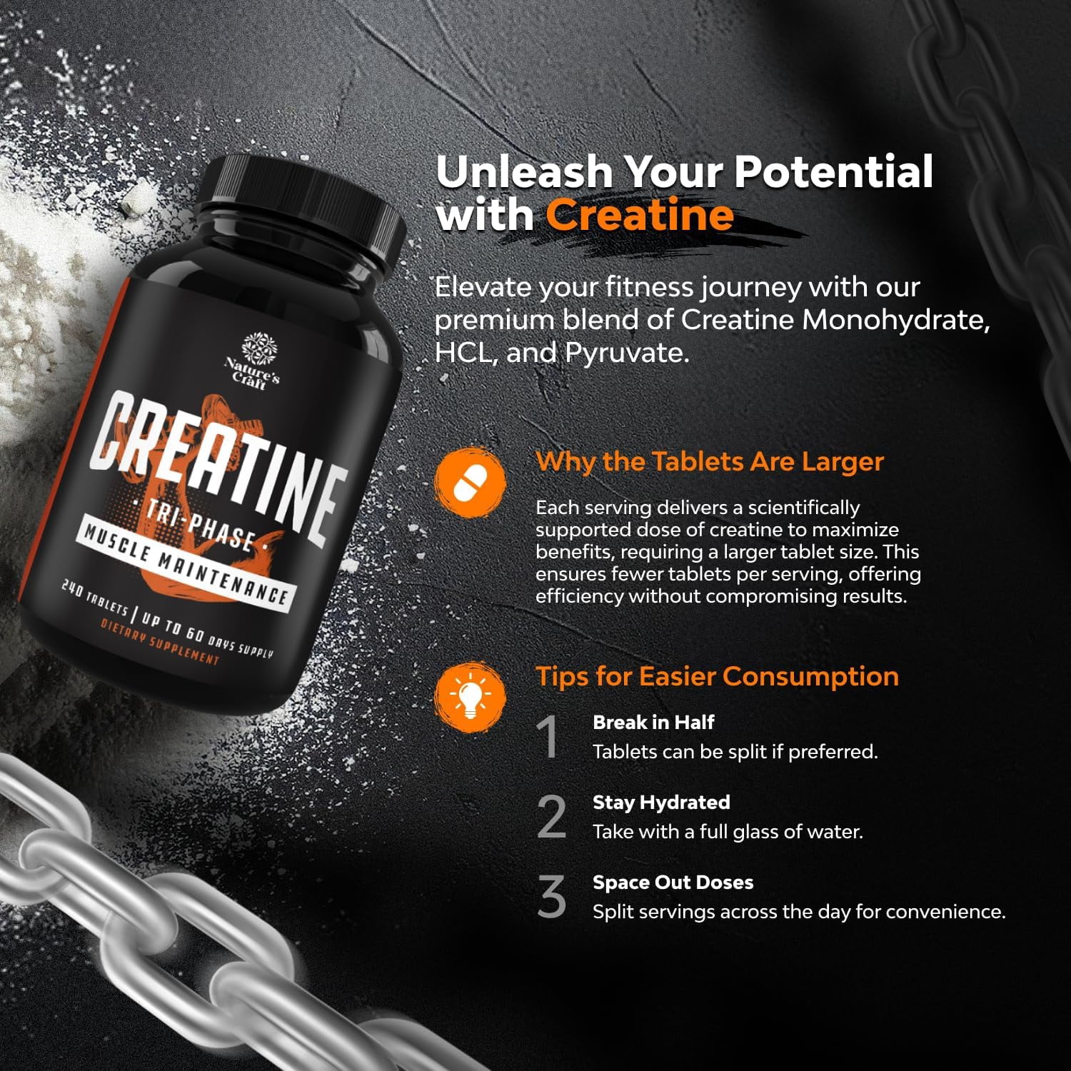 Natures Craft Tri-Phase Creatine Supplement for Muscle Recovery & Muscle Building, 240 Capsules