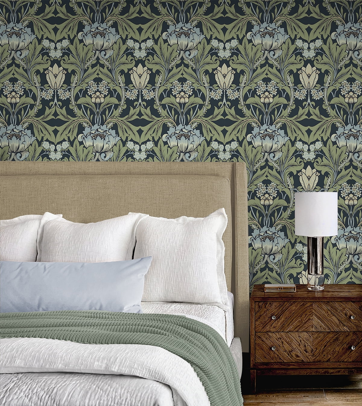 NextWall Midnight Blue & Sage Primrose Floral Peel and Stick Wallpaper