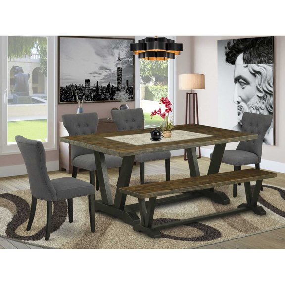 East West Furniture 6-Piece Modern Dining Table Set-Dark Gotham Grey Linen Fabric Seat and Button Tufted Chair Back Upholstered Dining chairs, A Rectangular Bench and Rectangular Top Wood Dining...