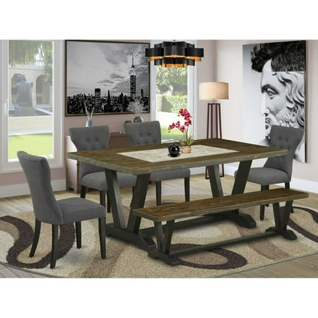 East West Furniture 6-Piece Modern Dining Table Set-Dark Gotham Grey Linen Fabric Seat and Button Tufted Chair Back Upholstered Dining chairs A Rectangular Bench and Rectangular Top Wood Dining… East West Furniture 6-Piece Modern Dining Table Set-Dark Gotham Grey Linen Fabric Seat and Button Tufted Chair Back Upholstered Dining chairs A Rectangular Bench and Rectangular Top Wood Dining…