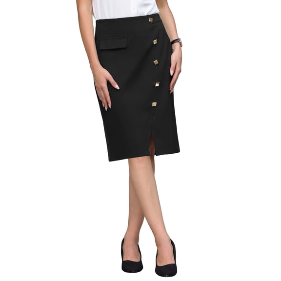 INSPIRE CHIC Women's Knee Length Skirt Button Decor Slit Work Formal Pencil Skirts S Black