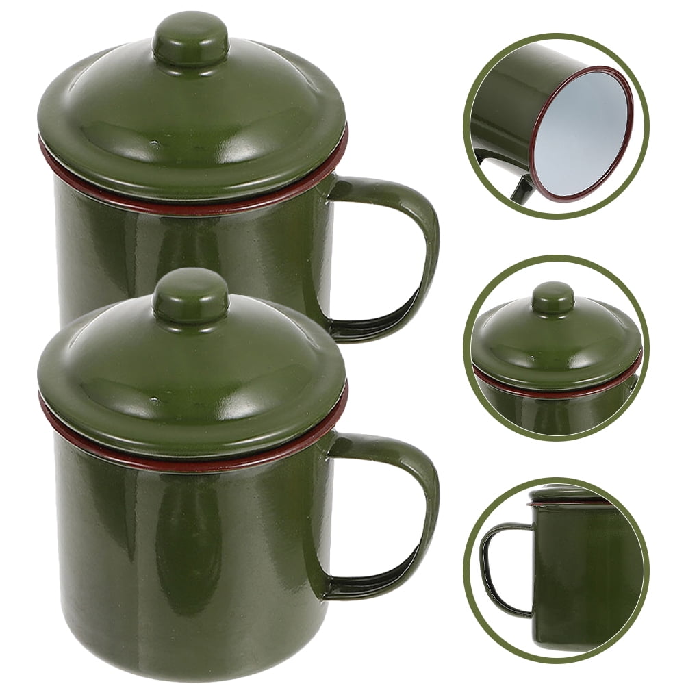 Green Enamel Coffee Mugs with Lid for Kitchen Simple Style Durable and Easy to Clean 2 Pieces