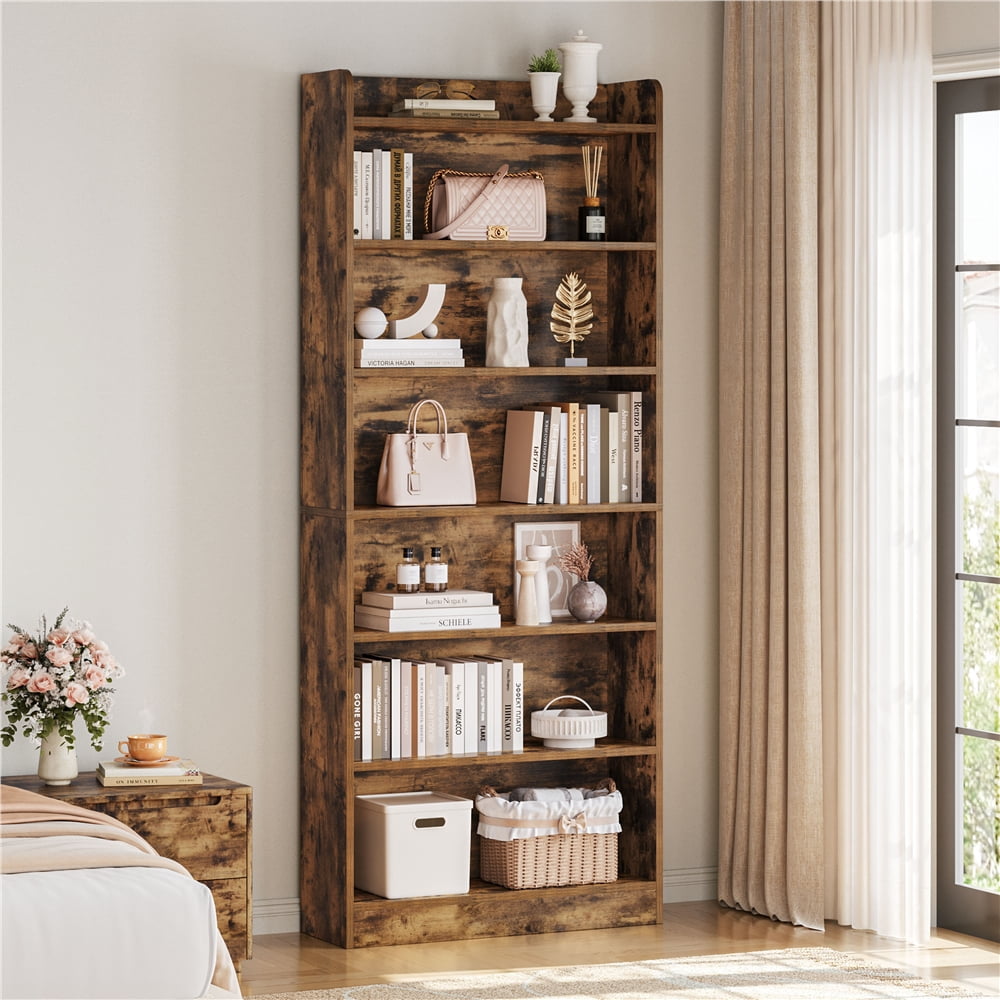 Renwick Wooden 7 Layer Open Shelf Bookcase with Compartment, Rustic Brown