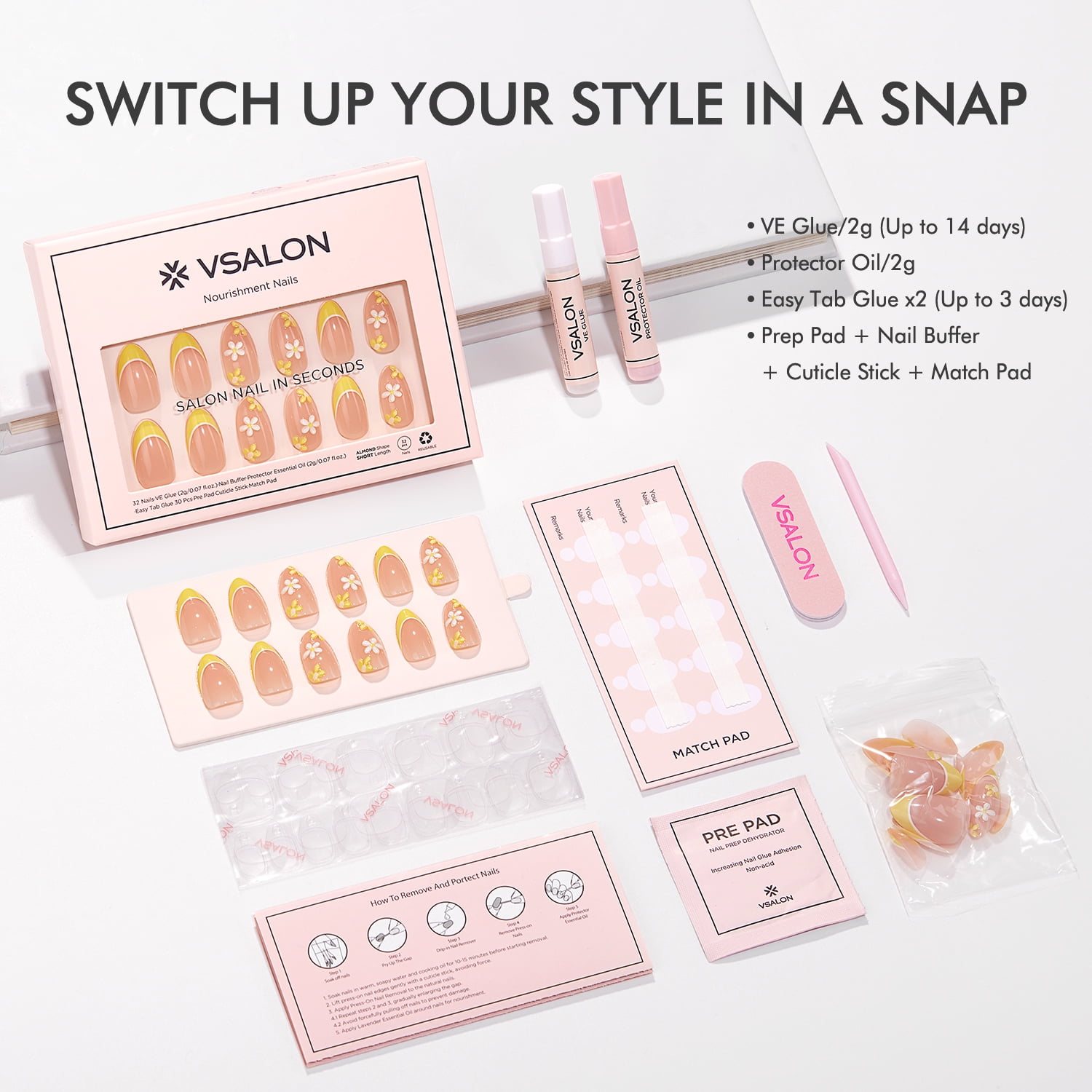 VSALON Press on Nails Short Almond - Lemon Yellow French Tip 3D Flower Design Fake Nails Kit, Reusable Semi-Transparent Gel Glue on Nails with Glue & Cuticle Oil - 32 PCS Stick on Nails in 16 Sizes